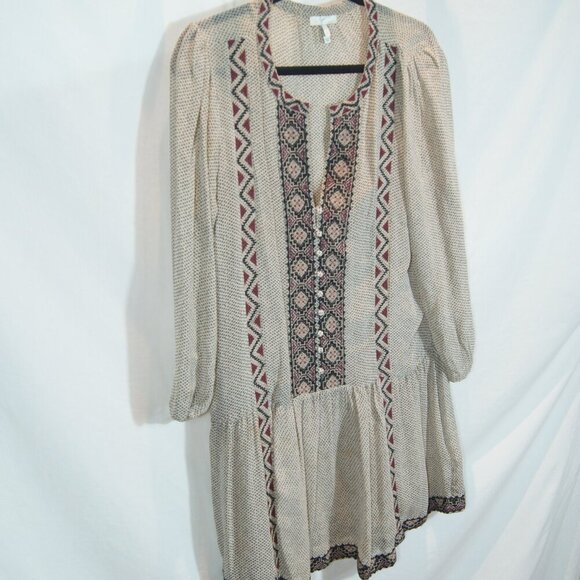 Joie | 100 % Silk Boho Peasant Dress Beige Black Embroidered | Size S - Picture 8 of 8